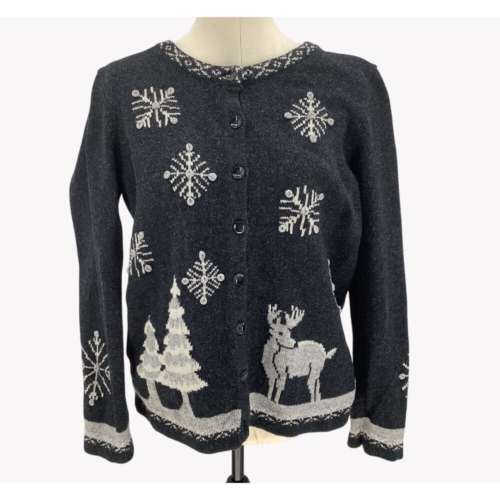 Vintage Button-Up Gray Wool Cardigan Ugly Christmas Sweater Womens Size M